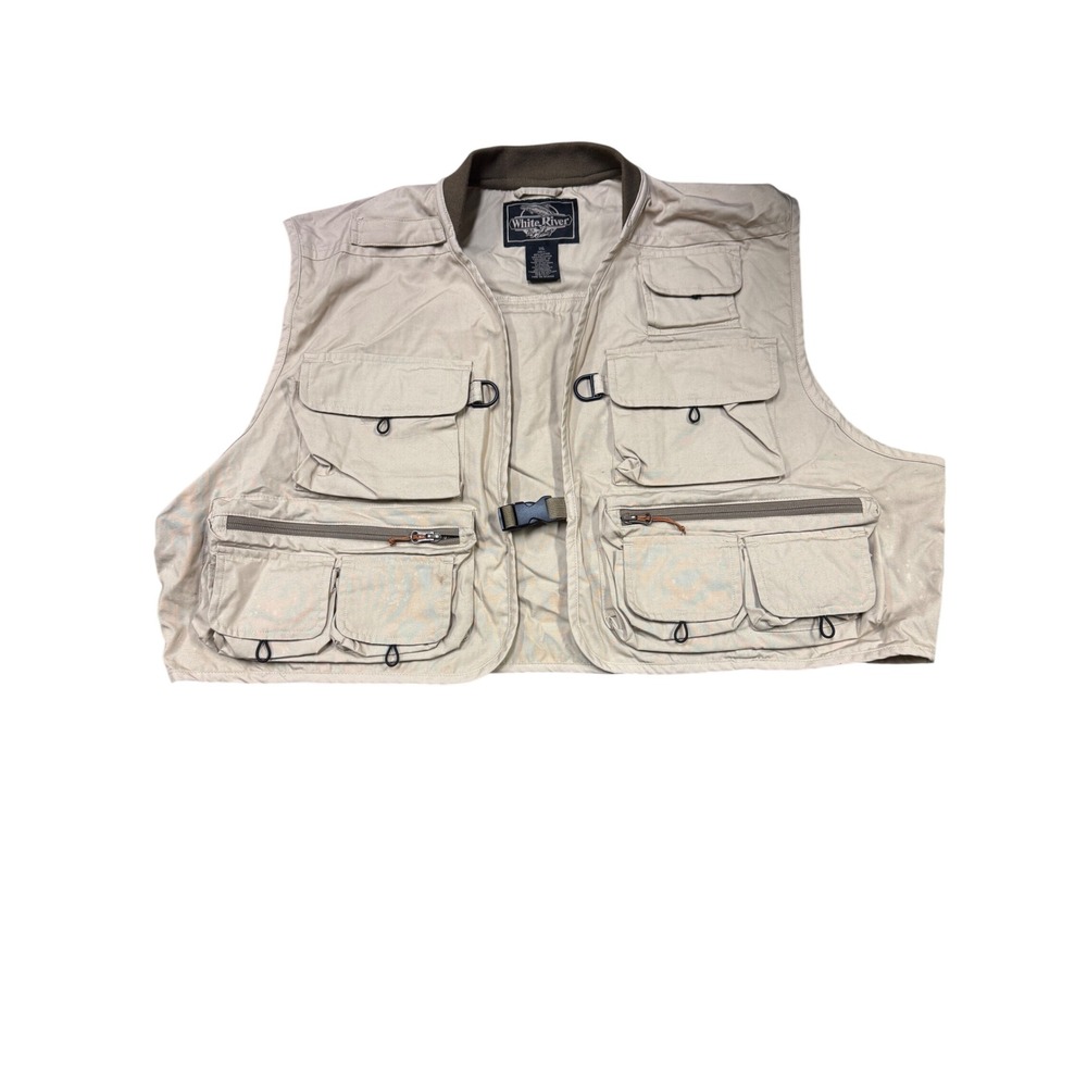 White River Fly shop Fishing Vest Mens XXL Khaki Multi Pocket Utility Gorpcore‎